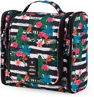 BOOEEN Hanging Travel Toiletry Bag for Women and Girls, Portable Waterproof Cosmetic Travel Bag, 17 Compartments Non-slip zipper, Sturdy Hook, Perfect for Daily use and Travel（Hawaiian Flower）